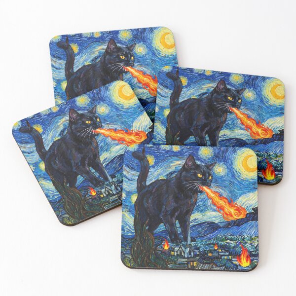 Item preview, Fire Breathing Black Cat Night Art – Surreal Fantasy Cat Illustration designed and sold by BambaKchula.
