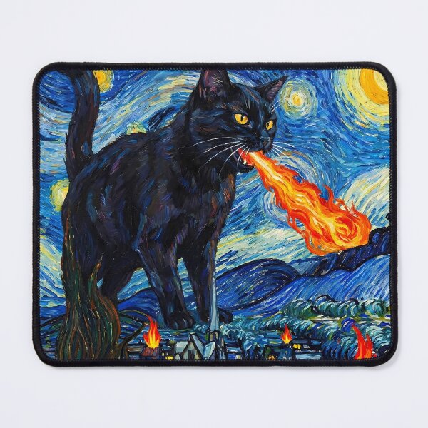 Item preview, Fire Breathing Black Cat Night Art – Surreal Fantasy Cat Illustration designed and sold by BambaKchula.