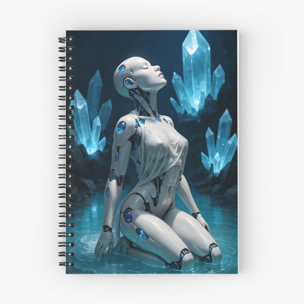 Item preview, White robot woman kneeling near glowing crystals designed and sold by CathryneDelamort.