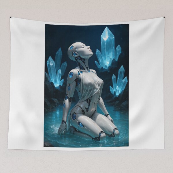Item preview, White robot woman kneeling near glowing crystals designed and sold by CathryneDelamort.