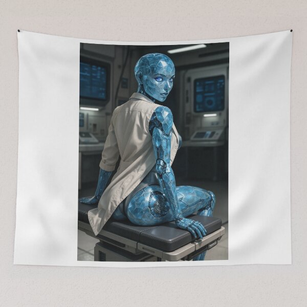 Item preview, Blue humanoid in lab coat sits on table designed and sold by CathryneDelamort.
