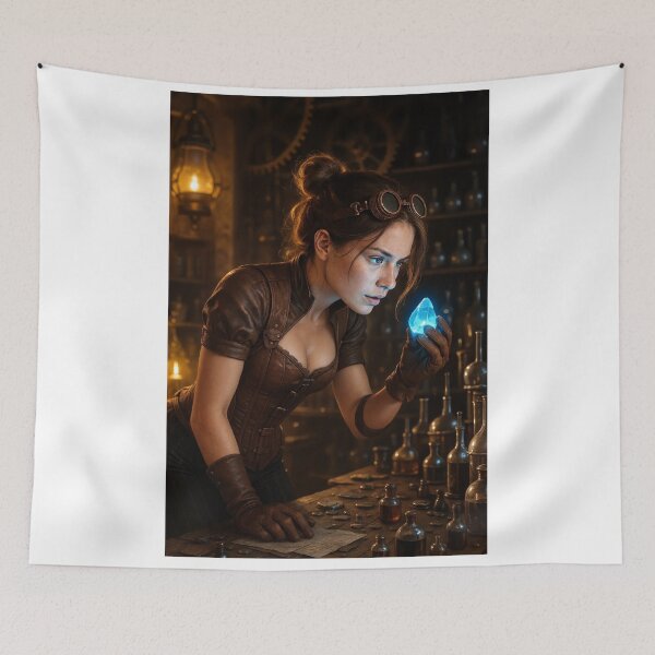 Item preview, Un alquimista steampunk examina un topacio azul brillante designed and sold by CathryneDelamort.