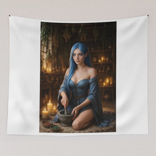 Item preview, Blue-haired alchemist grinding herbs designed and sold by CathryneDelamort.