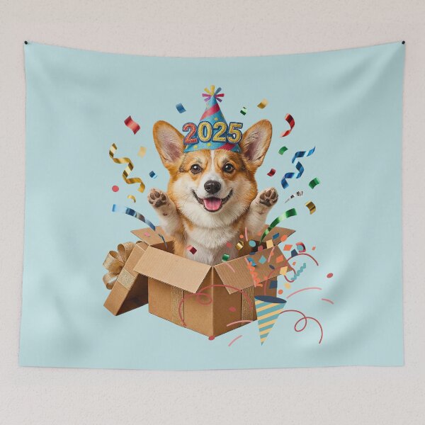 Item preview, Cute Corgi Dog Surprise in Gift Box | Happy New Year 2025 Party Hat designed and sold by E-SarnEdge.