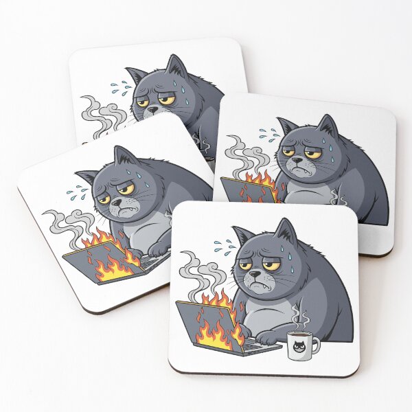 Item preview, Funny Cartoon Grumpy Cat Working on Burning Laptop Vector Illustration designed and sold by DiNata.