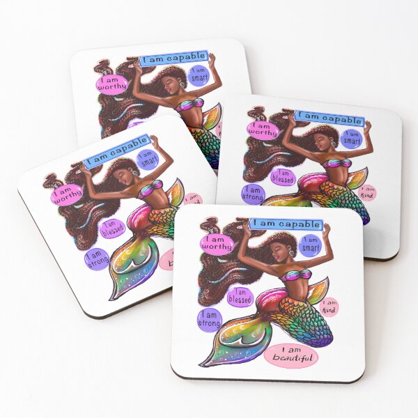 Item preview, Mermaid with rainbow fins - Brown skin and Afro hair with positive affirmations  designed and sold by Artonmytee.