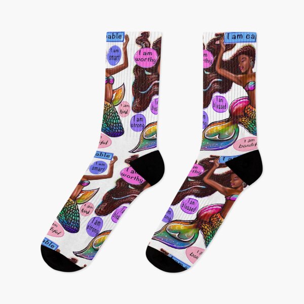 Item preview, Mermaid with rainbow fins - Brown skin and Afro hair with positive affirmations  designed and sold by Artonmytee.