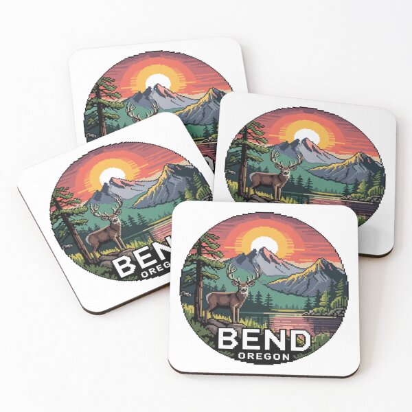 Item preview, Deer Pixel Art Sunset - Bend Oregon Mountain Lake Badge designed and sold by CircinusStore.