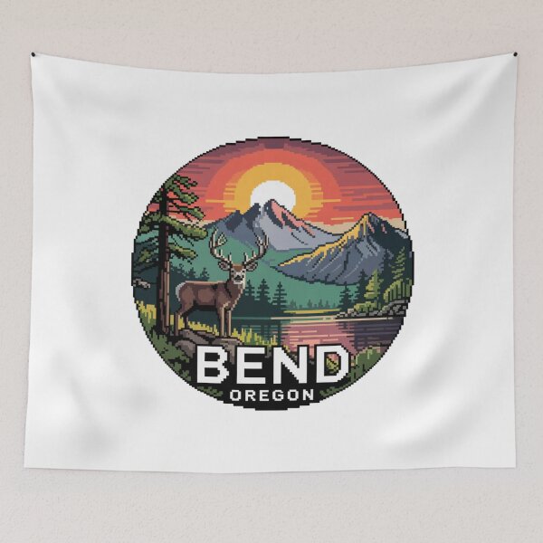Item preview, Deer Pixel Art Sunset - Bend Oregon Mountain Lake Badge designed and sold by CircinusStore.