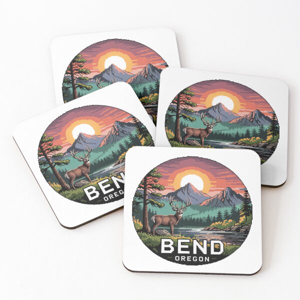 Item preview, Bend Oregon Pixel Art Sunset - Deer River Landscape Badge designed and sold by CircinusStore.