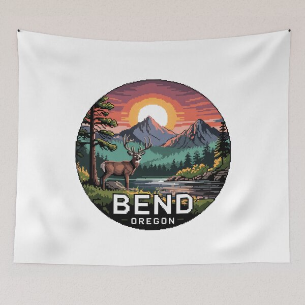 Item preview, Bend Oregon Pixel Art Sunset - Deer River Landscape Badge designed and sold by CircinusStore.