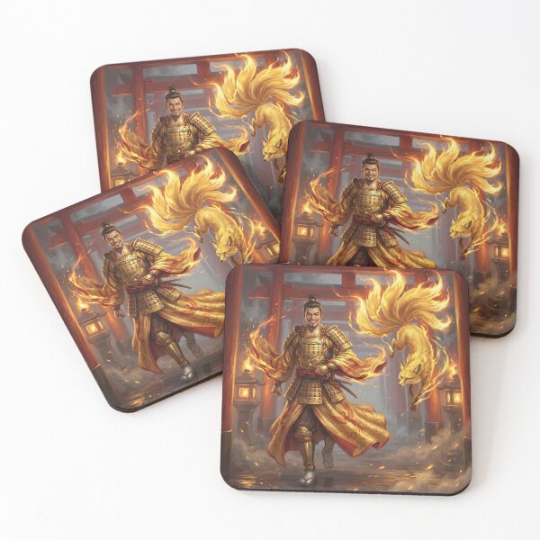 Item preview, Golden Samurai Lord with Fire Fox Spirit – Japanese Mythic Warrior Art | Mori no Akari designed and sold by Mori-no-Akari.