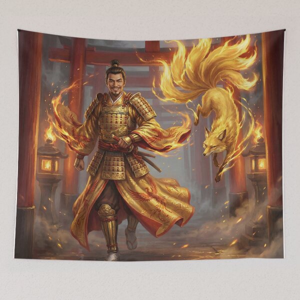 Item preview, Golden Samurai Lord with Fire Fox Spirit – Japanese Mythic Warrior Art | Mori no Akari designed and sold by Mori-no-Akari.