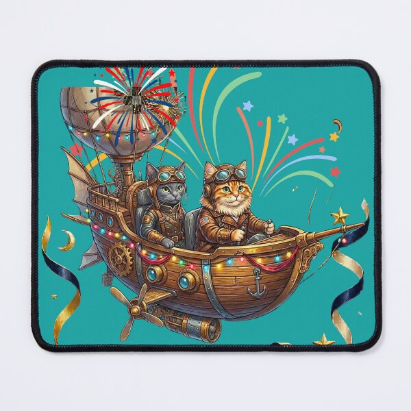 Item preview, Steampunk Cat Pilots Flying Ship New Year | Grey & Orange Tabby Adventure Duo designed and sold by E-SarnEdge.