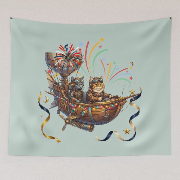 Item preview, Steampunk Cat Pilots Flying Ship New Year | Grey & Orange Tabby Adventure Duo designed and sold by E-SarnEdge.