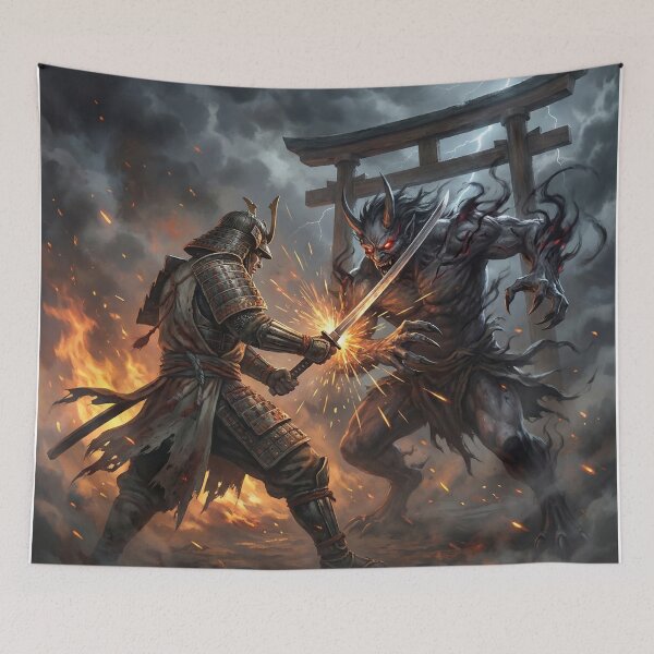 Item preview, Samurai vs Demon – Thunderstorm Battle at the Torii Gate | Japanese Mythic Warrior Art | Mori no Akari designed and sold by Mori-no-Akari.