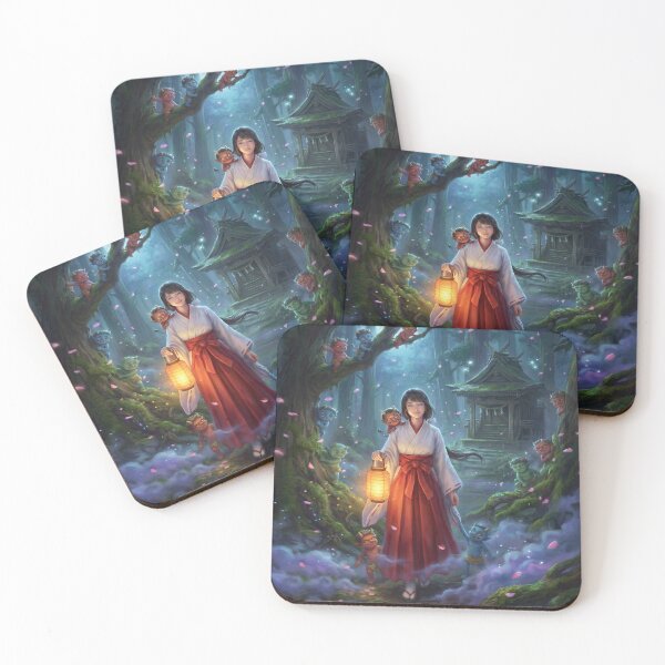 Item preview, Shrine Maiden with Playful Forest Oni – Gentle Japanese Spirit Art | Mori no Akari designed and sold by Mori-no-Akari.