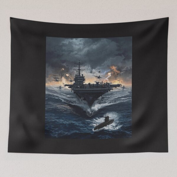Item preview, Dramatic Aircraft Carrier in Storm with Submarine and Jolly Roger Pirate Skull - Naval Warfare Art designed and sold by TitanRN.