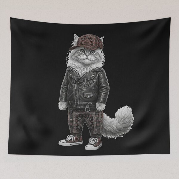 Item preview, The Biker Cat: Fluffy Feline in Leather Jacket and Moroccan Pattern Streetwear designed and sold by designwiss.