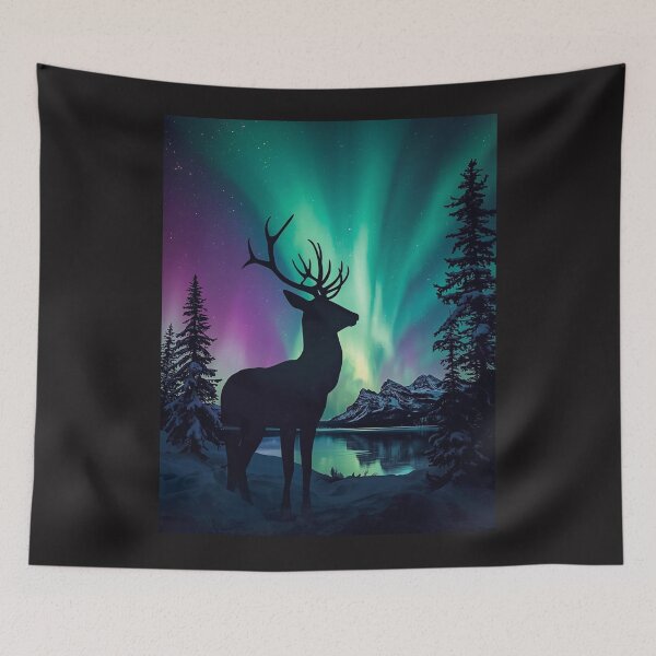 Item preview, Majestic Stag Silhouette Under Vibrant Aurora Borealis Northern Lights - Winter Landscape Wall Art designed and sold by TitanRN.