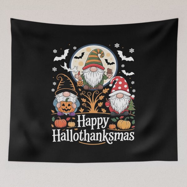 Aperçu de l'œuvre Joyeux HalloThanksMas Halloween Thanksgiving Noël Gnomes créée et vendue par RsFilsingerArt.