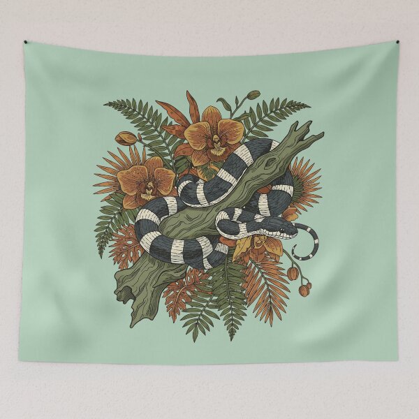 Item preview, Banded Krait With Tropical Orchids And Ferns Vintage Rainforest Illustration designed and sold by BirdsnStuff.