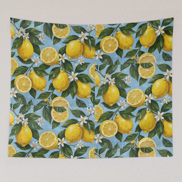 Item preview, Fresh Lemon Citrus Pattern on Blue Summer Aesthetic designed and sold by Digital Muse Store.