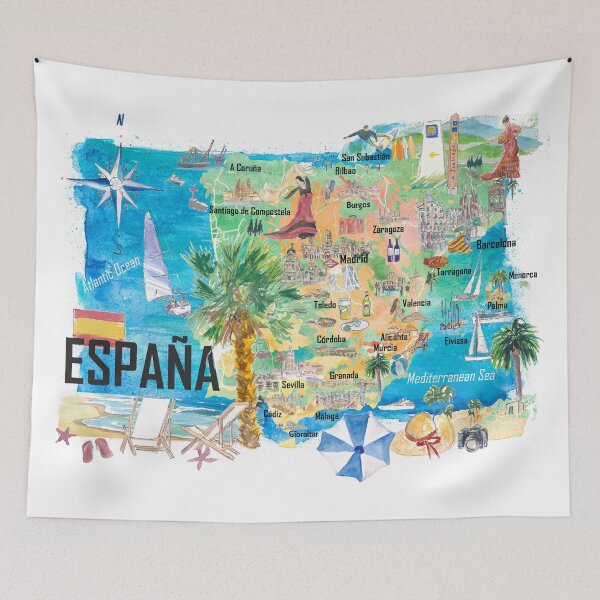 Item preview, Spain Illustrated Country Travel Map with Main Roads and Highlights designed and sold by artshop77.