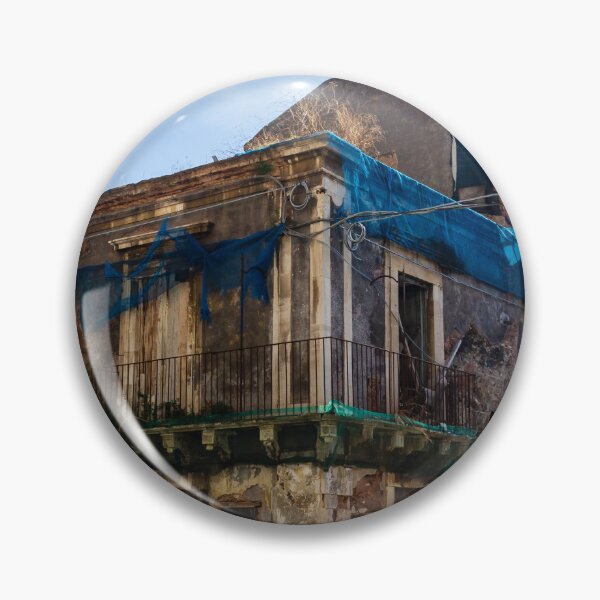 Item preview, Old Ruined Building With Blue Tarps And Graffiti On A Quiet Urban Street Corner Today designed and sold by Nmallia.