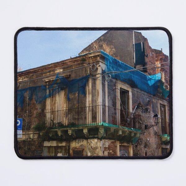 Item preview, Old Ruined Building With Blue Tarps And Graffiti On A Quiet Urban Street Corner Today designed and sold by Nmallia.