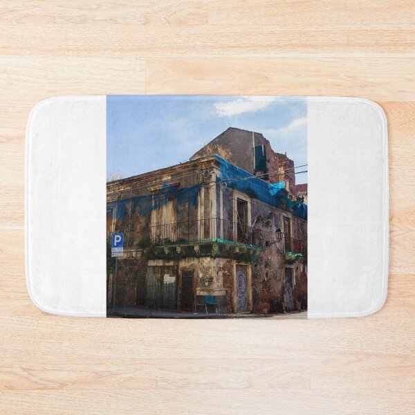 Item preview, Old Ruined Building With Blue Tarps And Graffiti On A Quiet Urban Street Corner Today designed and sold by Nmallia.