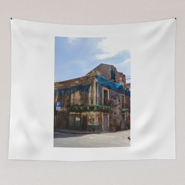 Item preview, Old Ruined Building With Blue Tarps And Graffiti On A Quiet Urban Street Corner Today designed and sold by Nmallia.