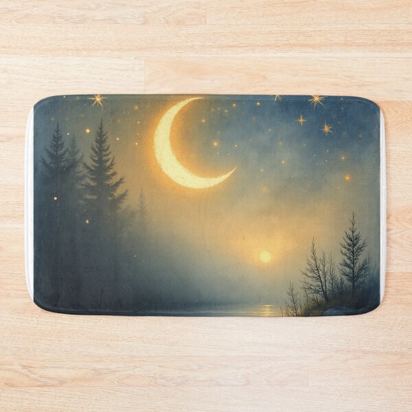 Item preview, Celestial Moonrise: Golden Crescent over Pine Forest Lake designed and sold by SebastianSpace.