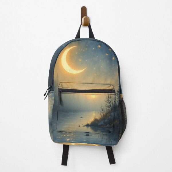 Item preview, Celestial Moonrise: Golden Crescent over Pine Forest Lake designed and sold by SebastianSpace.