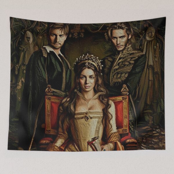 Item preview, Renaissance Queen on Throne Art | 16th Century Royal Court Painting | Period Drama Gold Gown Poster designed and sold by Art's Diner.