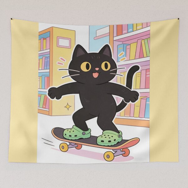 Item preview, Black Cat Skater in Green Clogs: Cute Vintage Cartoon Library Vibe designed and sold by Cherrydora.