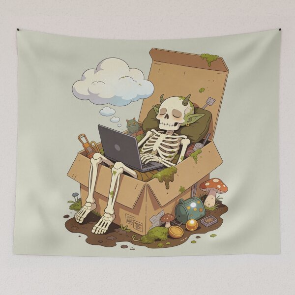 Item preview, Cozy Goblin Skeleton Working on Laptop | Digital Nomad in a Cardboard Box | Cottagecore WFH designed and sold by Cherrydora.
