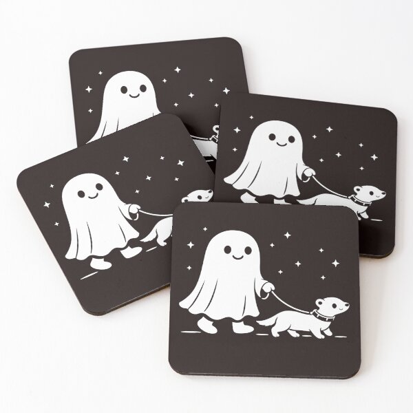 Item preview, Cute Ghost Walking a Dog at Night – Funny Minimal Halloween Illustration designed and sold by Next Level Prints.