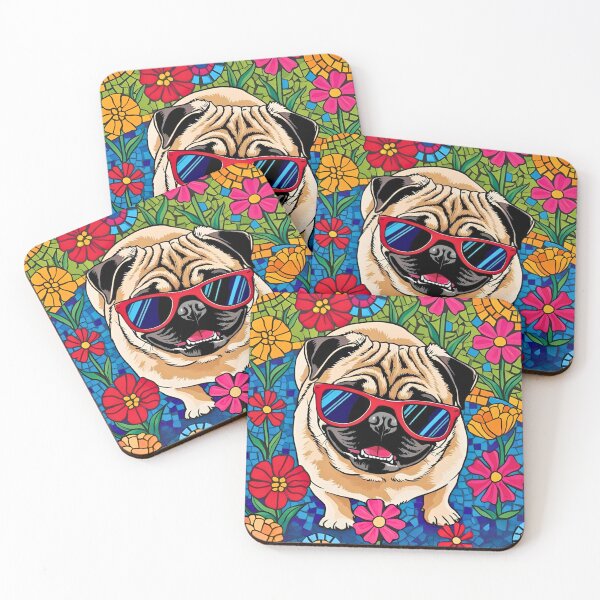 Item preview, Cute Pug in Red Sunglasses with Colorful Flowers – Mosaic Art Style designed and sold by Kmcantley.
