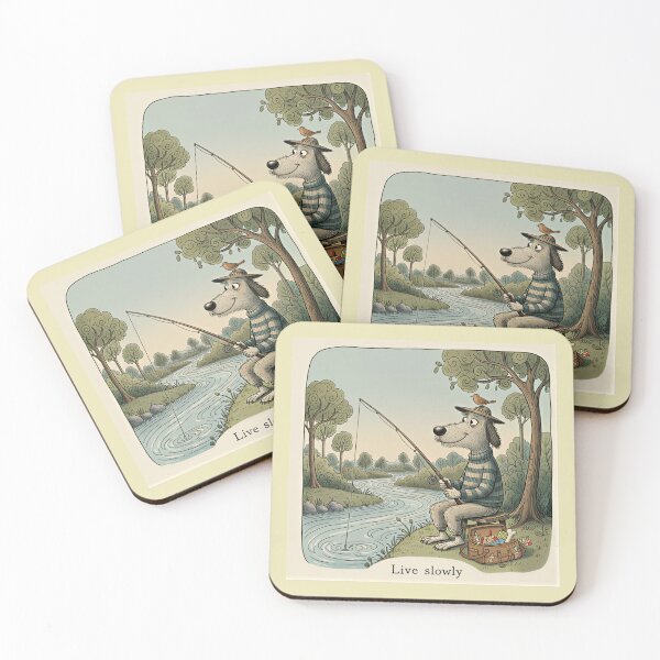 Item preview,  Live Slowly Fishing Dog Illustration - Peaceful Nature Scene with Vintage Style Art designed and sold by SammyMorry.