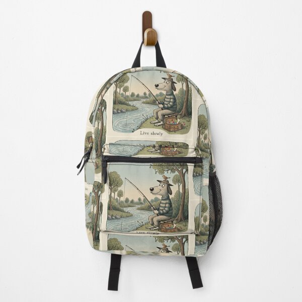 Item preview, Live Slowly Fishing Dog Illustration - Peaceful Nature Scene with Vintage Style Art designed and sold by SammyMorry.