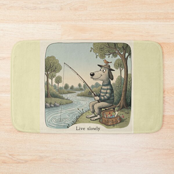 Item preview,  Live Slowly Fishing Dog Illustration - Peaceful Nature Scene with Vintage Style Art designed and sold by SammyMorry.