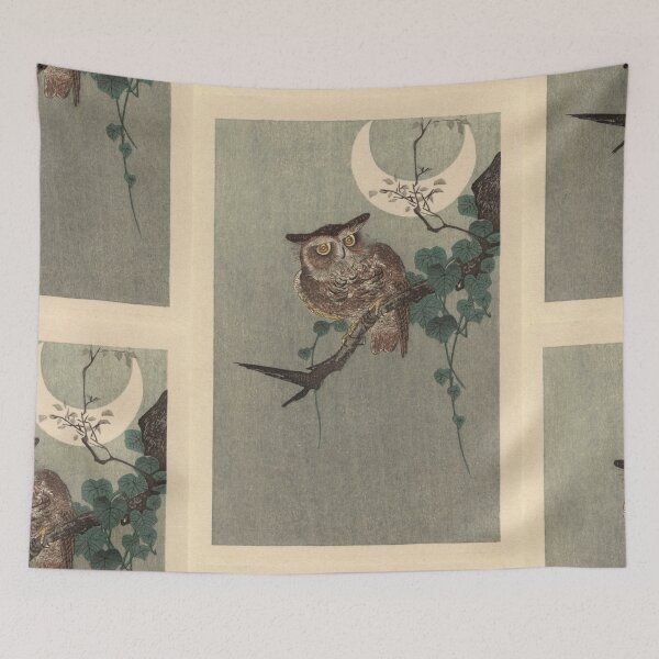 Item preview, Owl Perched on a Branch and Crescent Moon by Ohara Koson : Nocturne Japanese Poster designed and sold by artofuniverse.