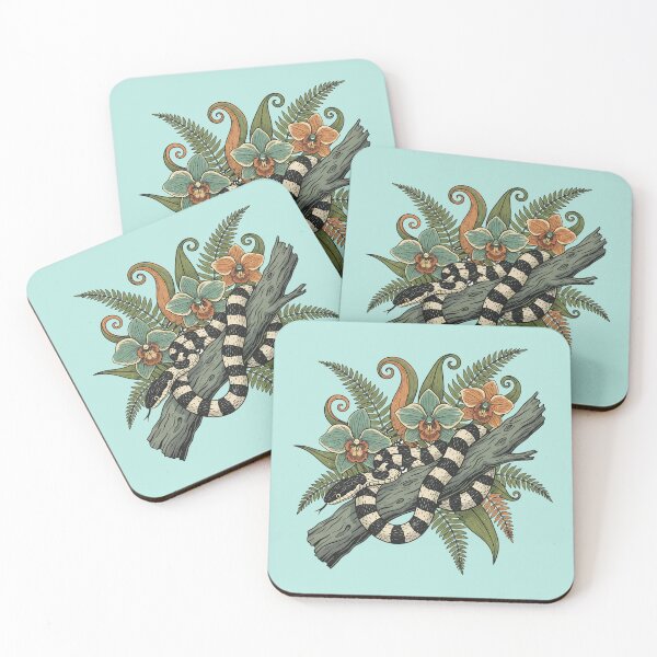 Item preview, Banded Krait With Orchids And Fiddlehead Ferns Vintage Tropical Illustration designed and sold by BirdsnStuff.