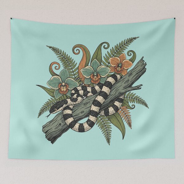 Item preview, Banded Krait With Orchids And Fiddlehead Ferns Vintage Tropical Illustration designed and sold by BirdsnStuff.