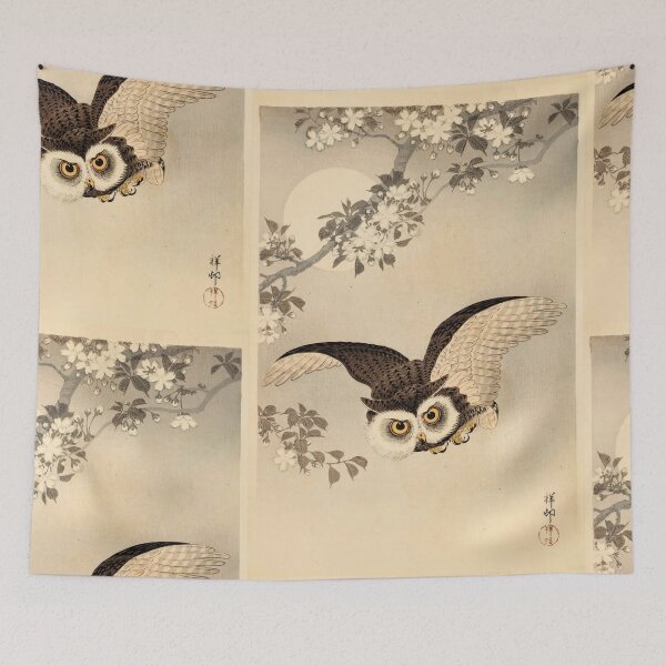 Item preview, Scops Owl Cherry Blossoms and Moon by Ohara Koson : Japanese Poster designed and sold by artofuniverse.
