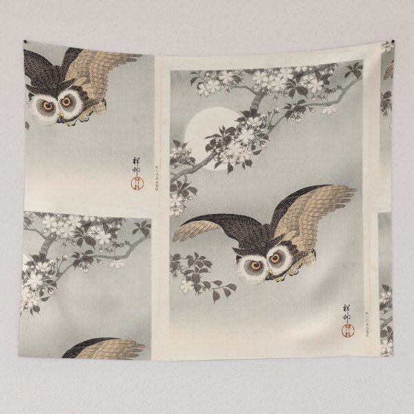 Item preview, Scops Owl Cherry Blossoms and Moon by Ohara Koson : Moonlit Japanese Poster designed and sold by artofuniverse.