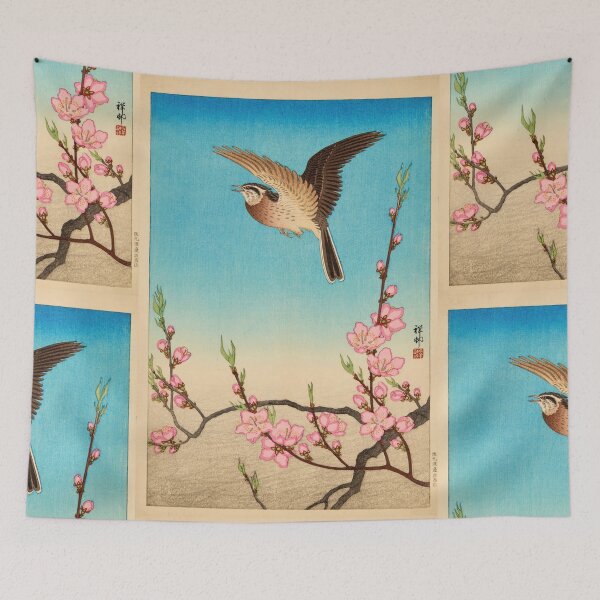 Item preview, Skylark in Flight Above Blossoming Peach by Ohara Koson : Japanese Poster designed and sold by artofuniverse.