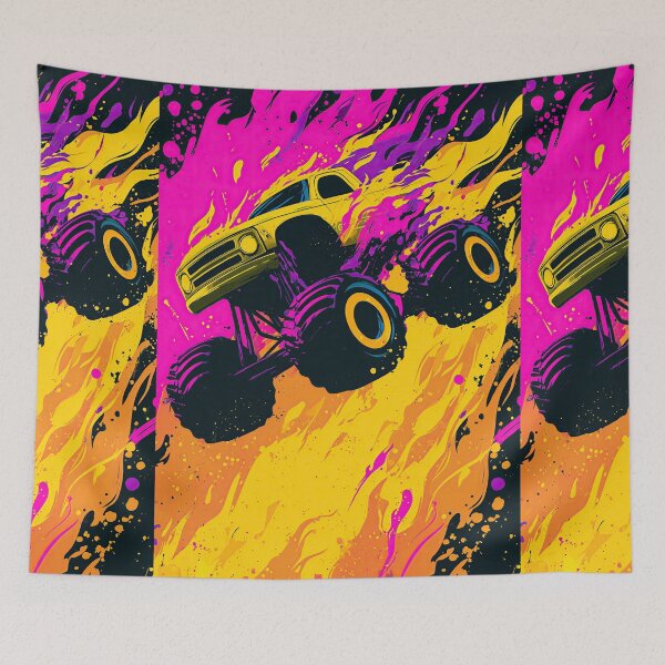 Item preview, Neon Pink Monster Truck Jumping On Yellow Background designed and sold by Piotrek0001.
