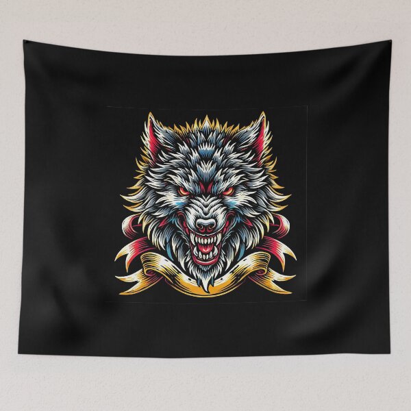 Item preview, Fierce Metallic Wolf Head with Gold Banner Illustration designed and sold by beast-net.